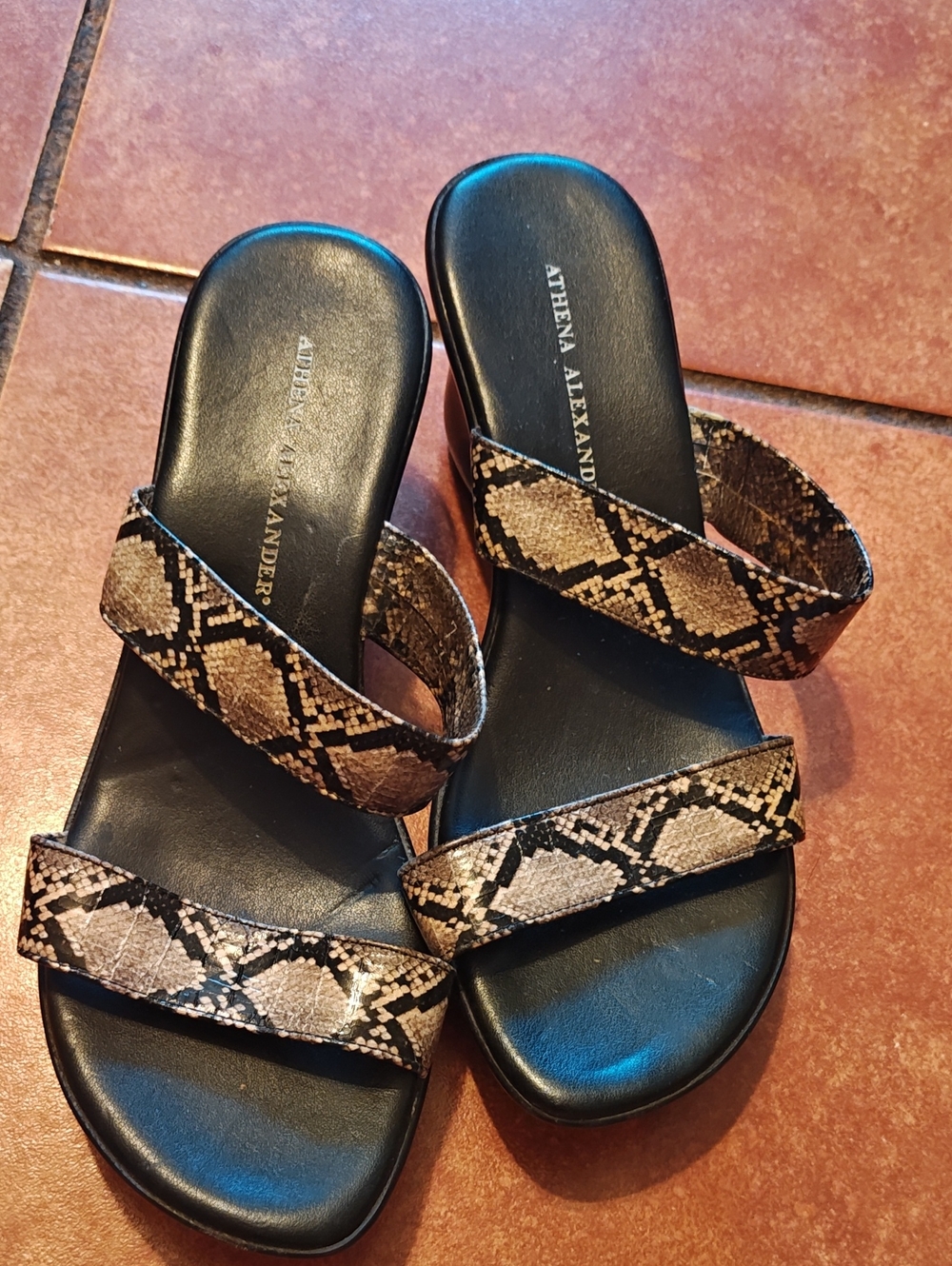 Athena Alexander Black Slide Sandals with Snake-Print Straps